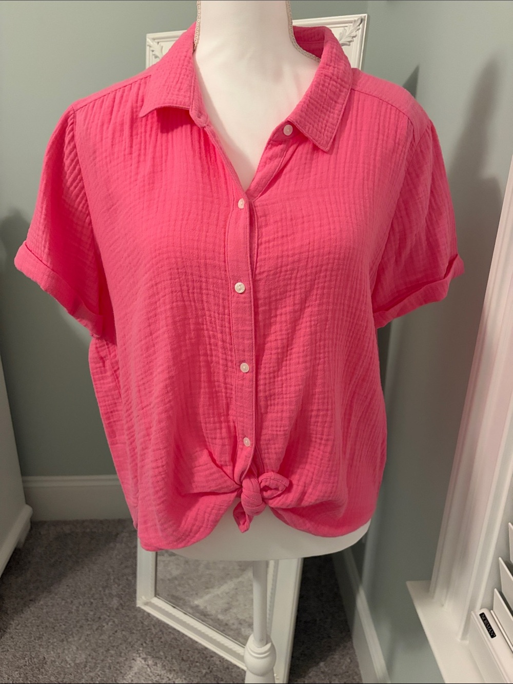 Lucky Brand hot pink gauze top, size L.